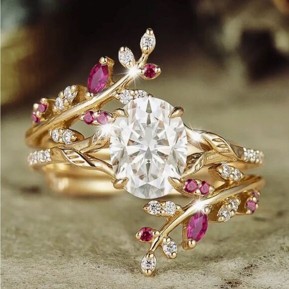 🩷 NEW Elegant Gold and Ruby Red Gemstone Ring Set Size 8 🩷 - Picture 6 of 7